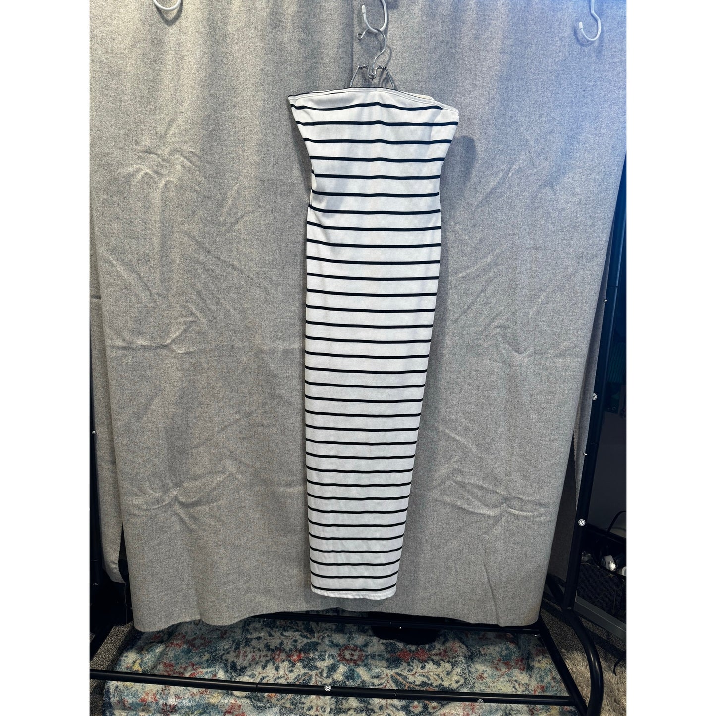 Strapless Whiite and Black Striped Dress